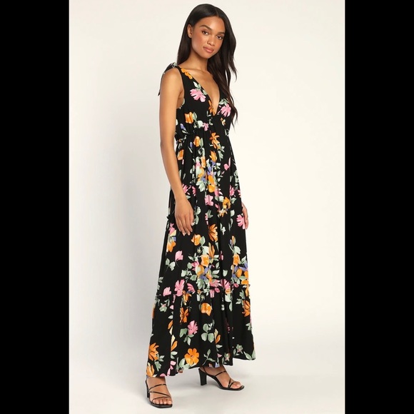 NWT LULUS Beloved Bae Black Floral Print Tie-Strap Tiered Maxi Dress - Picture 8 of 10
